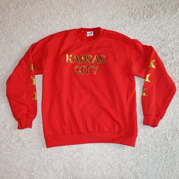 Women's Size Medium Kansas City Red Sweatshirt with Gold Glitter Stars Sequins - Picture 4 of 4
